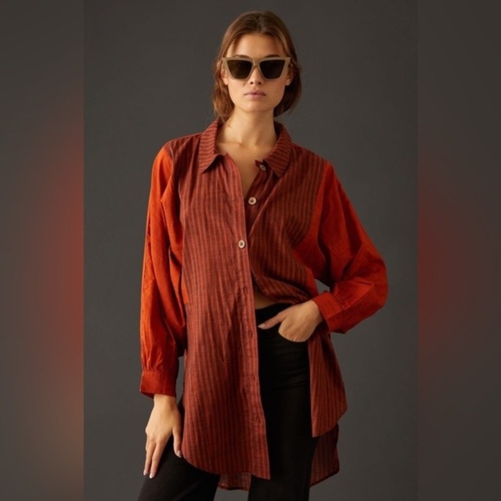 Anthropologie Oversized Tunic Womens Size XL Rust Orange Striped Mixed Print